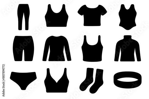 Seamless Clothing Icons. Seamless Clothing. Solid icon set of Seamless Clothing: leggings, sports bra, crop top, bodysuit, biker shorts, long sleeve top, tank