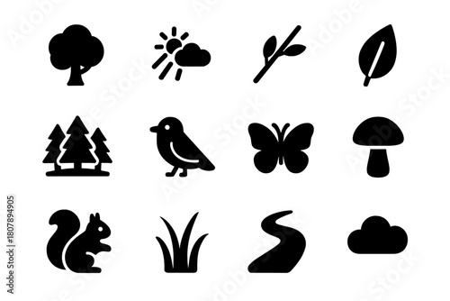 Forest Icon Set. Forest sanctuary. Solid icon set of Forest sanctuary: tree, sunbeam, branch, leaf, forest, bird, butterfly, mushroom, squirrel, grass, path,