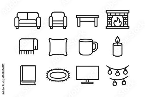 Cozy Living Room Icons. Cozy living room gathering. Line icon set of cozy living room gathering: sofa, armchair, coffee table, fireplace, throw blanket,