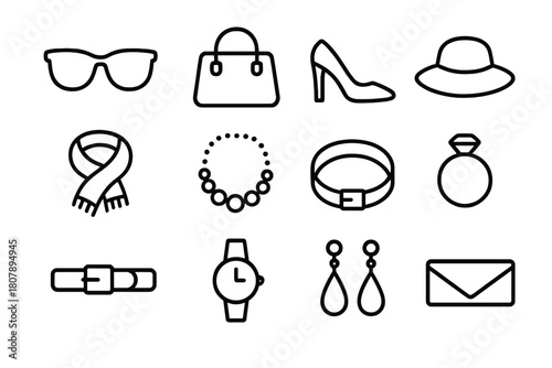 Fashion Icon Grid. Fashion accessories. Line icon set of Fashion accessories: sunglasses, handbag, high heels, hat, scarf, necklace, bracelet, ring, belt,