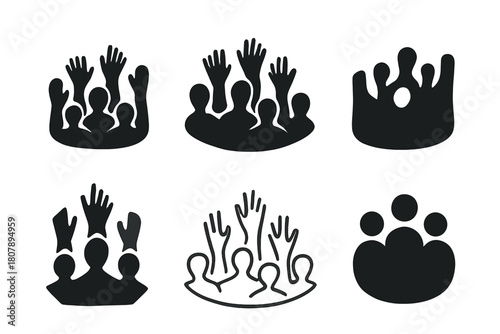 Crowd Emblem Logos. People in the crowd. Icon set. Set Logo of People in the Crowd: raised hands forming a collective shape. harmonious logo variations of the