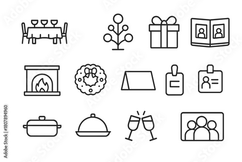 Family Reunion Icons. Family reunion holiday gatherings. Line icon set of family reunion holiday gatherings: dining table, family tree, gift box, photo album,