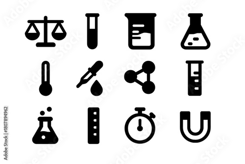 Equilibrium Icons Set. Equilibrium Experiment. Solid icon set of Equilibrium Experiment: balance scale, test tube, beaker, flask, thermometer, pipette,