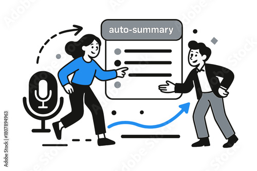 AI Meeting Dynamics. AI Assistants ? Meeting Notes. Microphone icon listens as crisp bullet cards assemble; tag ?auto-summary? lands with a soft bounce. A