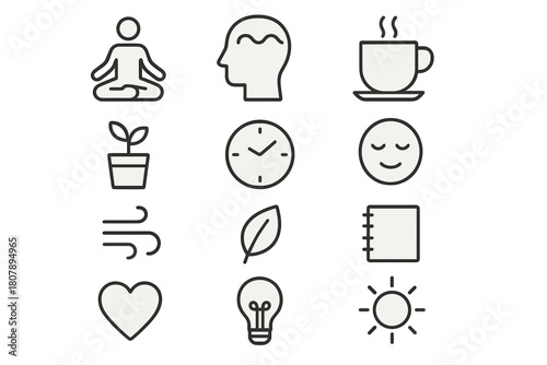Mindfulness Icon Set. Mindfulness and focus. Line icon set of mindfulness and focus: lotus flower, brain, headphones, breath icon, metronome, chair, journal,