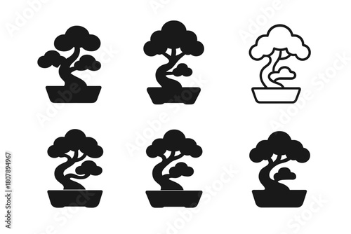 Potted Plant Logos. Small potted plants for desk decoration. Icon set. Set Logo of small potted plants for desk decoration: bonsai tree on a small tray.