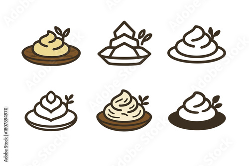 Mashed Potato Logos. Mashed potato mound. Icon set. Set Logo of mashed potato mound: serving spoon scooping mashed potatoes. harmonious logo variations of the