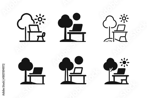 Work Anywhere Icons. Work from anywhere. Icon set. Set Logo of Work from anywhere: Travel and work icon. harmonious logo variations of the same emblematic