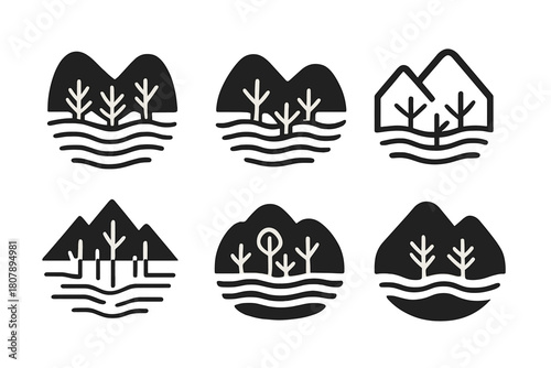 Flooded Valley Logo Set. Flooded valley. Icon set. Set Logo of flooded valley: submerged trees in valley water. harmonious logo variations of the