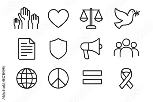 Human Rights Icons. Human rights. Line icon set of Human rights: peace symbol, protest sign, raised fist, law book, ballot box, megaphone, handshake, equality