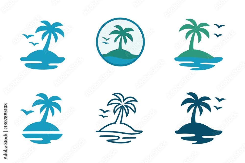 Fototapeta premium Tropical Island Logos. Island. Icon set. Set Logo of Island: tropical island with palm tree. harmonious logo variations of the same emblematic concept, each