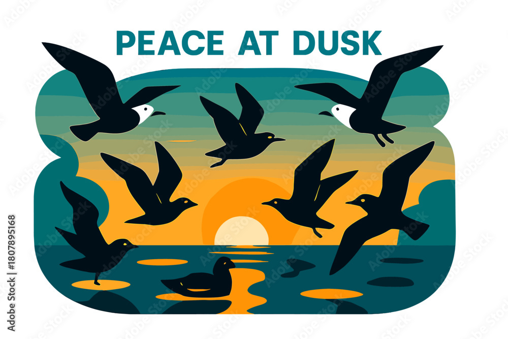 Obraz premium Seagulls at Sunset. Seagulls ? Sunset silhouettes. Flock turns into golden shapes as the sky divides into calm gradients; reflections form crisp ellipses on