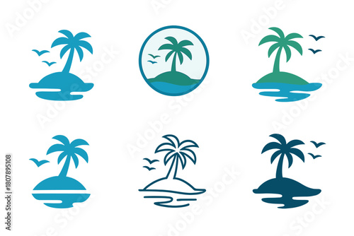 Tropical Island Logos. Island. Icon set. Set Logo of Island: tropical island with palm tree. harmonious logo variations of the same emblematic concept, each
