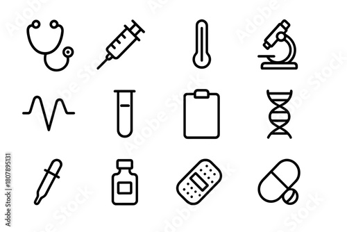 Medical Instruments Icons. Medical Instruments. Line icon set of Medical Instruments: stethoscope, syringe, thermometer, microscope, heartbeat, test tube,