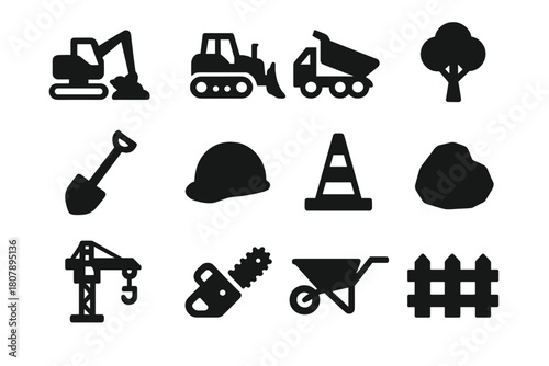 Land Clearing Icons. Land clearing and excavation crews. Solid icon set of land clearing and excavation crews: excavator, bulldozer, dump truck, tree, shovel,