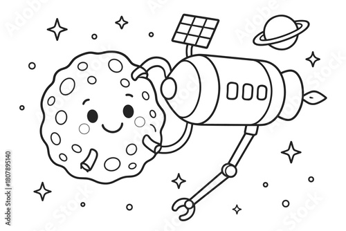 Spacecraft and Asteroid Docking. Spacecraft docking at asteroid children?s coloring book illustration, outlined drawing, gentle clamp arms from a ship holding