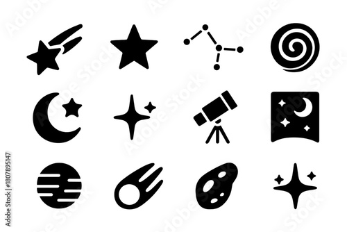 Cosmos Icon Collection. Cosmos. Solid icon set of Cosmos: shooting star, star, constellation, galaxy, crescent moon with star, sparkles, telescope, night sky,