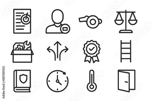 Manager Toolkit Icons. Manager response toolkit. Line icon set of manager response toolkit: expectation document, role clarity, coaching whistle, workload