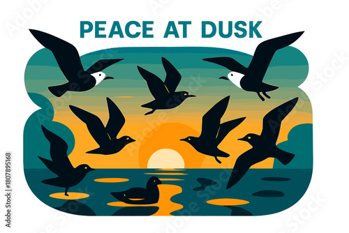 Seagulls at Sunset. Seagulls ? Sunset silhouettes. Flock turns into golden shapes as the sky divides into calm gradients; reflections form crisp ellipses on