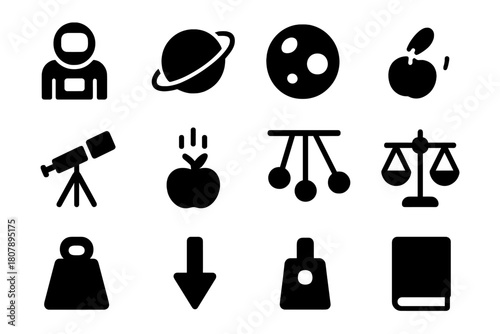 Space Exploration Icons. Space exploration. Solid icon set of Space exploration: astronaut, planet, moon, orbit, telescope, apple, falling object, pendulum,