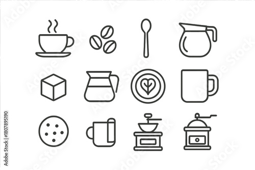 Coffee Break Icons. Coffee break essentials. Line icon set of Coffee break essentials: coffee cup, steam, saucer, coffee beans, teaspoon, milk jug, sugar cube,