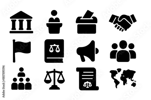Political Power Icons. Political power. Solid icon set of Political power: government building, podium speaker, ballot box, handshake, flag, law