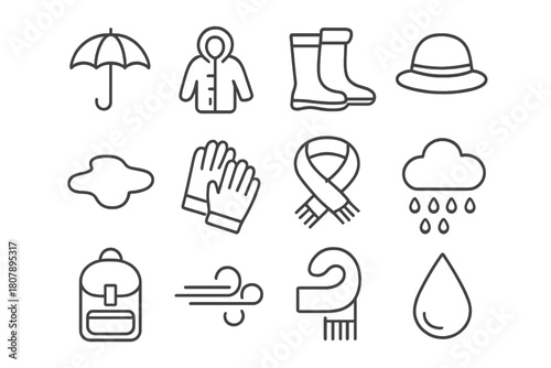 Rainy Day Icons. Rainy day essentials. Line icon set of Rainy day essentials: umbrella, raincoat, boots, hat, puddle, gloves, scarf, cloud,