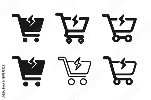 Shopping Cart Abandonment Icons. shopping cart abandonment. Icon set. Set Logo of shopping cart abandonment: broken connection symbol on cart. harmonious logo