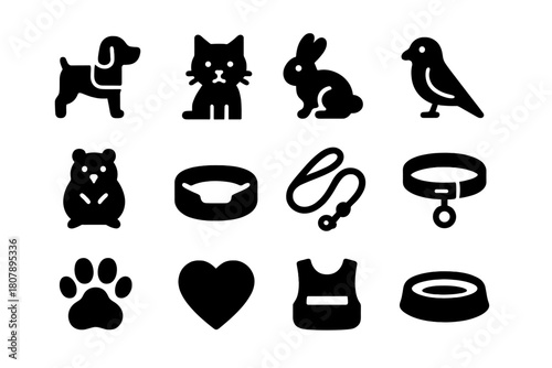 Therapy Pet Icons. Therapy Pets. Solid icon set of Therapy Pets: dog, cat, rabbit, bird, hamster, pet bed, leash, collar, paw print, heart symbol, therapy