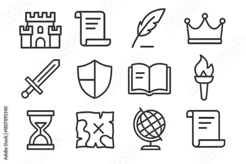 Historic Icons Set. Historical stories. Line icon set of historical stories: castle, scroll, quill, crown, sword, shield, book, torch, hourglass, map, globe,