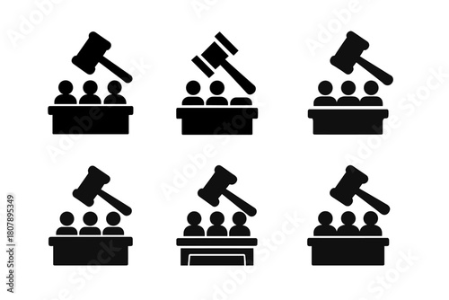 Courtroom Jury Logos. Jury in the courtroom. Icon set. Set Logo of Jury in the courtroom: Law book. harmonious logo variations of the same emblematic concept,