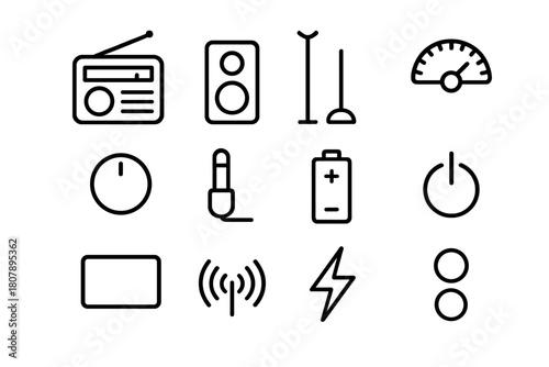 Radio Icon Set. Radio listening. Line icon set of radio listening: AM/FM radio, speaker, antenna, tuning dial, volume knob, headphone jack, battery, power