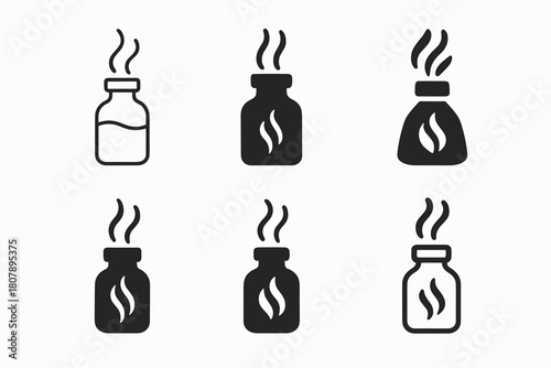 Aromatherapy Logo Variations. Aromatherapy. Icon set. Set Logo of aromatherapy: essential oil bottle with gentle vapor lines. harmonious logo variations of the