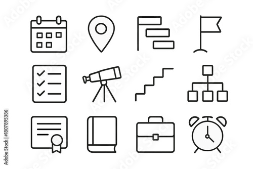 Career Planning Icons. Career planning roadmap. Line icon set of career planning roadmap: calendar, milestone pin, gantt chart bars, goal flag, checklist,