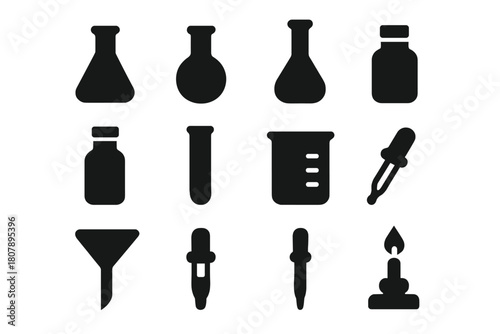 Black Flask Icons. Flasks. Solid icon set of Flasks: Erlenmeyer flask, round-bottom flask, volumetric flask, Florence flask, reagent bottle, test tube, beaker,