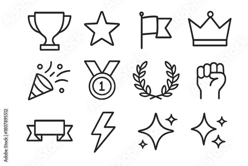 Victory Icons Collection. Victory Icons. Line icon set of Victory Icons: trophy, star, flag, crown, confetti, medal, laurel wreath, ribbon, lightning bolt,