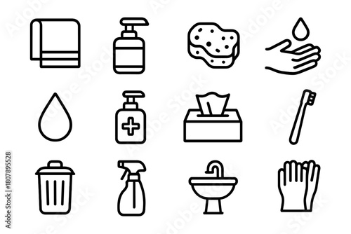 Cleanliness Icon Set. Hygiene and cleaning. Line icon set of hygiene and cleaning: towel, soap pump, sponge, hand wash, water droplet, sanitizer bottle, tissue