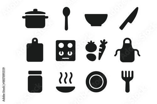 Home Cooking Icons. Home cooking. Icon set. Set Logo of home cooking: open recipe book beside spice jars. harmonious logo variations of the same emblematic