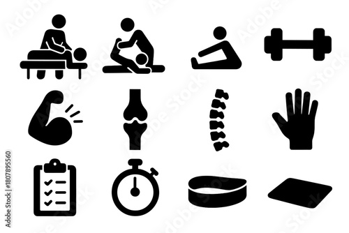 Physical Therapy Icons. Physical therapy. Solid icon set of physical therapy: therapist, patient, stretching, dumbbell, muscle, joint, spine, hand, clipboard,