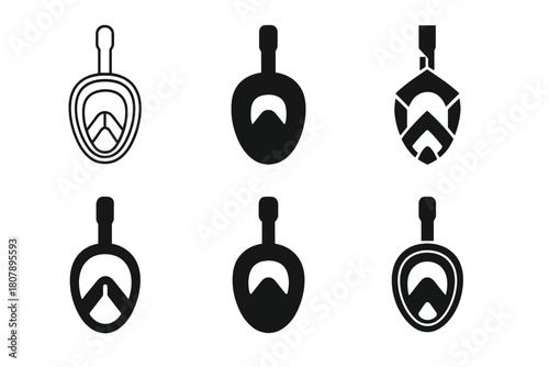 Snorkeling Mask Logos. Snorkeling mask. Icon set. Set Logo of Snorkeling mask: Mask strap detail. harmonious logo variations of the same emblematic concept,