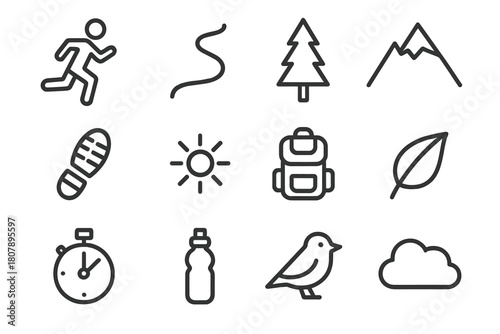 Forest Trail Line Icons. Running on a Hiking Trail Through the Forest. Line icon set of Running on a Hiking Trail Through the Forest: runner silhouette, trail