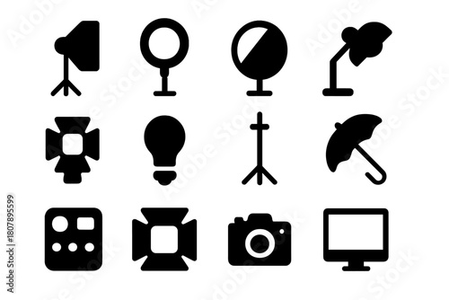 Lighting Setup Icons. Lighting setup. Solid icon set of lighting setup: softbox, ring light, reflector, lamp, flash, bulb, stand, umbrella, control panel,