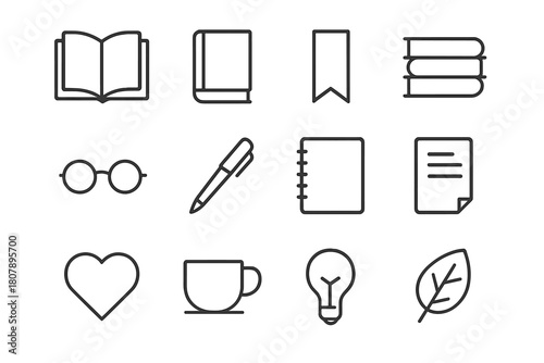 Minimalist Book Icons. Book. Line icon set of Book: open book, closed book, bookmark, stack of books, reading glasses, pen, notebook, page, heart, coffee cup,