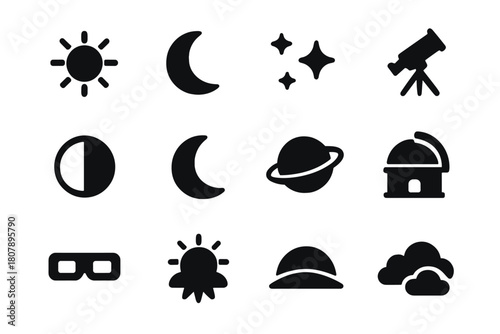 Astronomy Icon Set. Astronomy and stars. Solid icon set of Astronomy and stars: telescope, star chart, observatory dome, night sky, celestial globe,