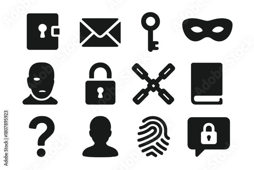 Mysterious Icons Set. Mysterious Burden. Solid icon set of Mysterious Burden: shadowed face, mask, locked diary, key, envelope, padlock, chains, closed book,