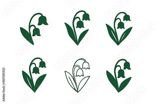 Lily Icon Variations. Lily of the Valley. Icon set. Set Logo of Lily of the Valley: minimal single bell bloom. harmonious logo variations of the same
