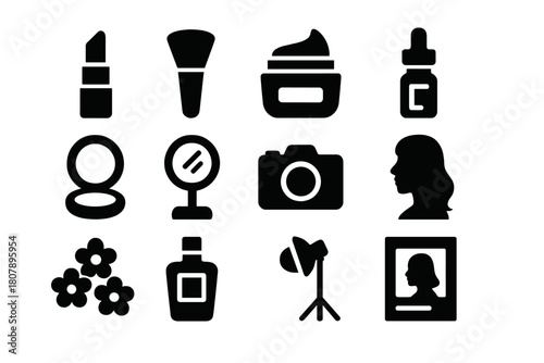 Beauty Icon Set. Beauty Shoot. Solid icon set of Beauty Shoot: lipstick, makeup brush, face cream, serum bottle, compact powder, mirror, camera,