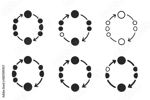 Moon Phases Icons. Moon phases. Icon set. Set Logo of moon phases: telescope viewing path trailing through phases. harmonious logo variations of the same