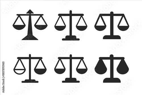 Balance Scale Icons. Feedback tone perception. Icon set. Set Logo of Balance Scale: Fair evaluation. Abstract geometric, Stylized detail, Minimal outline,
