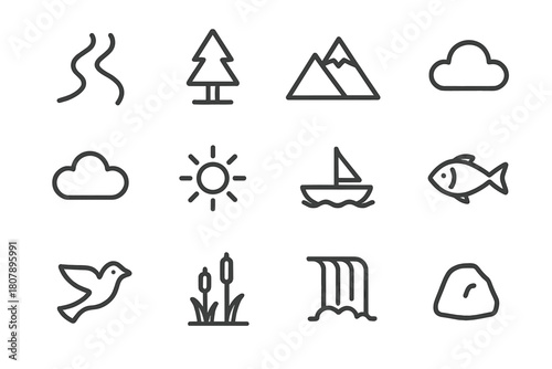 Nature Icons Collection. Nature and water. Line icon set of nature and water: river, tree, mountain, wave, cloud, sun, boat, fish, bird, reeds, waterfall,
